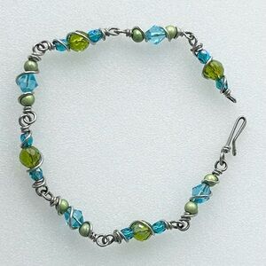 Wired Beaded Bracelet 7.5” Art Glass Faceted Blue and Green